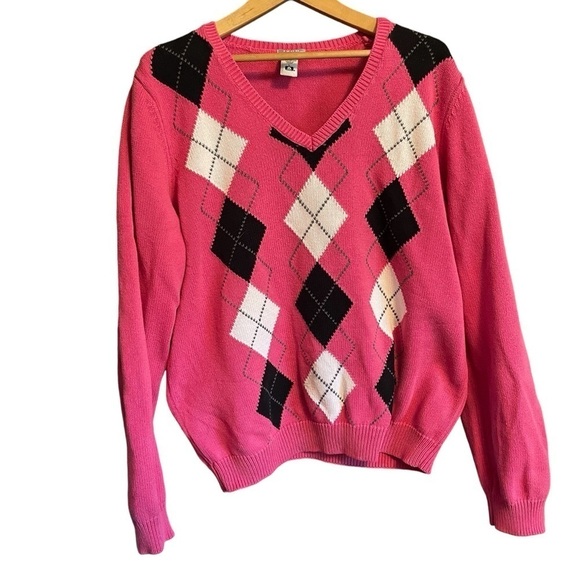 IZOD GOLF Ladies 100% Cotton ARGYLE V Neck Sweater Pink/White/Black- Size Large - Picture 1 of 8